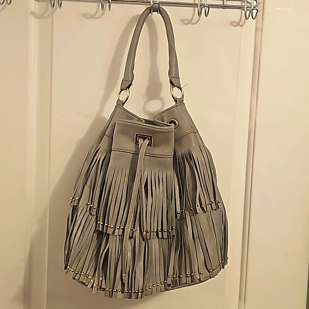 David Jones Fringe Bucket Bag, Taupe, Handle, Drawstring Closure